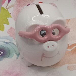 White PIGGY BANK PINK Glasses Smiling Fun Eyes Pig Small Ceramic 4x5" Taiwan
